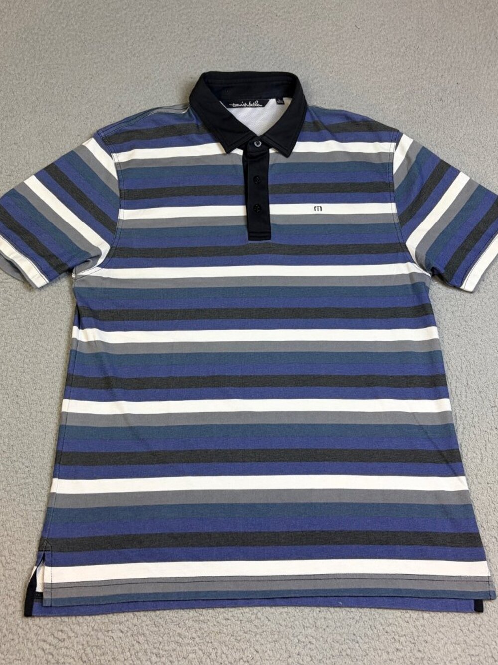 Travis Mathew Polo Men's Large Blue Stripe Golf Pima Cotton Blend Casual Logo